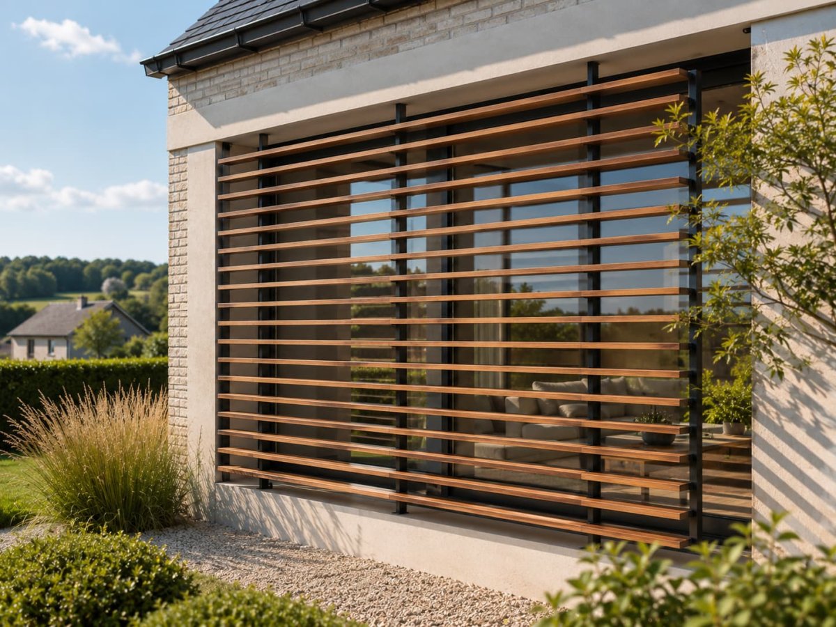 Façade avec brise-soleil à lames horizontales en bois